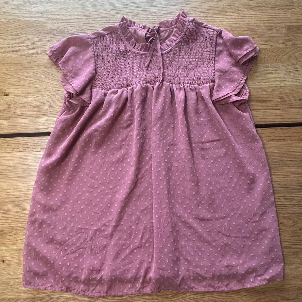 Womens Mauve Swiss Dot Smocked Blouse Ruffle Neck Flutter Sleeve Top Large